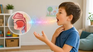 Kisfiú beszédhangot gyakorol logopédiai foglalkozáson, miközben egy szemléltető ábra mutatja a hangképzés és a beszéd működését.
