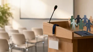 Előadótermi pulpitus mikrofonnal és közösséget szimbolizáló papírfigurákkal, amely konferenciát, szakmai előadást vagy érzékenyítő rendezvényt jelképez.