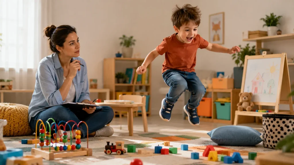 Kisfiú ugrál játékosan egy fejlesztő foglalkozáson, miközben egy szakember figyeli és jegyzetel egy világos, barátságos gyerekszobában, fejlesztő játékokkal körülvéve.