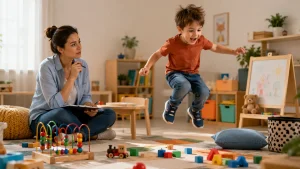 Kisfiú ugrál játékosan egy fejlesztő foglalkozáson, miközben egy szakember figyeli és jegyzetel egy világos, barátságos gyerekszobában, fejlesztő játékokkal körülvéve.