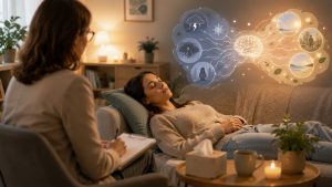 Pszichológiai vagy relaxációs terápiás foglalkozás nyugodt környezetben, ahol a kliens vezetett mentális feldolgozáson és stresszoldáson vesz részt szakember támogatásával.