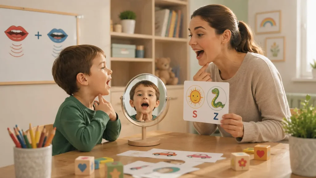 Logopédiai foglalkozás során egy kisfiú hangképzési és artikulációs gyakorlatokat végez tükör segítségével, miközben a szakember játékos képkártyákkal segíti a beszédhangok helyes kiejtését.