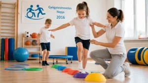 Gyógytestnevelési foglalkozáson részt vevő kislány egyensúly- és koordinációfejlesztő gyakorlatot végez szakember segítségével, miközben játékos mozgásos feladatokon keresztül fejlődnek motoros készségei.