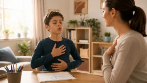 Kisfiú légző- és hangképző gyakorlatot végez szakember irányításával, miközben a helyes légzéstechnika és a beszédhez szükséges légzéskontroll fejlesztésén dolgoznak.