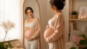 Várandós nő áll egy tükör előtt otthonos környezetben, mosolyogva nézi tükörképét, miközben mindkét kezével a pocakját simogatja. A kép a terhesség, az anyaságra való készülődés és a magzattal való érzelmi kapcsolat témáját jeleníti meg.