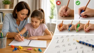 Kislány és egy felnőtt együtt gyakorolják az írást egy füzetben, miközben a kép jobb oldalán példák mutatják a helyes ceruzafogást és kéztartást. Az illusztráció a grafomotoros készségek fejlesztését, az írás-előkészítést és a helyes ceruzahasználat elsajátítását szemlélteti.