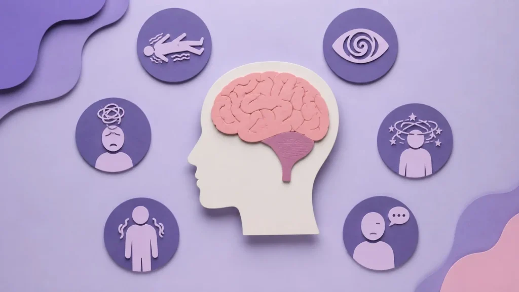 Stilizált illusztráció az idegrendszer és az agy működéséről. A központi agyábrázolást különböző tüneteket jelképező ikonok veszik körül, például szédülés, remegés, zavartság, látászavar és kommunikációs nehézségek, lila és pasztell színvilágban.