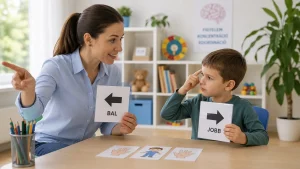 Fejlesztő foglalkozáson egy szakember a jobb és bal oldal megkülönböztetését gyakorolja egy kisfiúval. A gyermek „jobb” és „bal” feliratú iránykártyákat tart a kezében, miközben a pedagógus mutatja a helyes irányt, segítve a térbeli tájékozódás és az irányok felismerésének fejlődését.