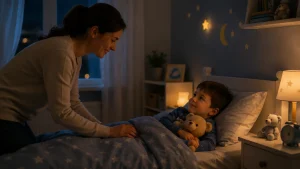 Édesanya segít kisfiának az esti lefekvésben a gyerekszobában. A gyermek saját ágyában fekszik kedvenc plüssével, miközben nyugodt, biztonságos légkörben készül az önálló elalvásra.