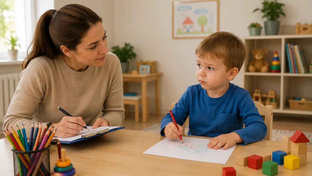 Fejlesztő szakember figyeli és értékeli egy kisfiú rajzkészítését egy vizsgálati helyzetben. A gyermek koncentráltan rajzol az asztalnál, miközben a szakember jegyzeteket készít a megfigyelésekről egy gyermekbarát fejlesztő környezetben.