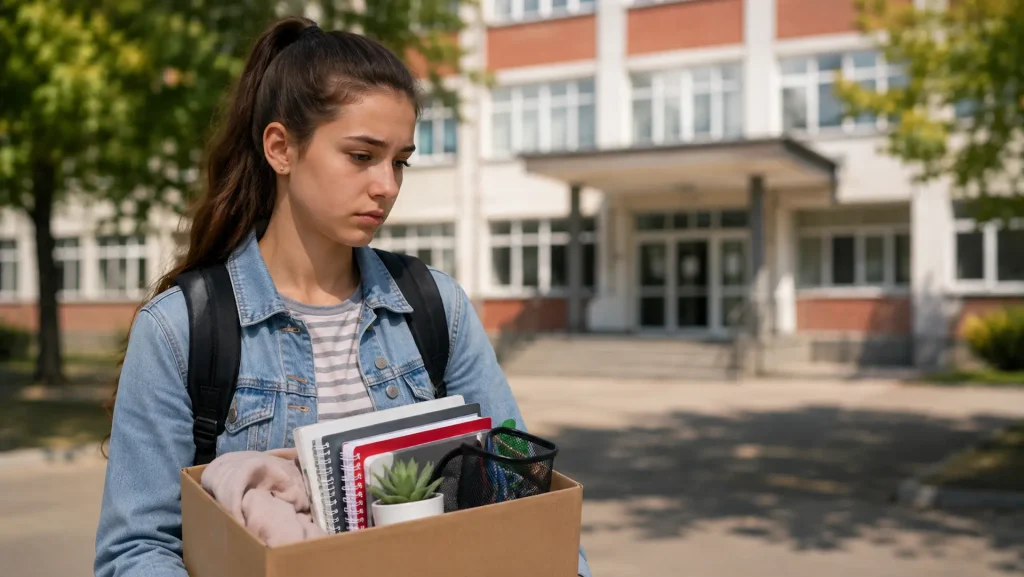 Kamaszlány egy iskola előtt áll, kezében személyes tárgyaival és taneszközeivel teli dobozt tart. A kép az iskolaváltás, az újrakezdés és az év közbeni intézményváltás érzelmi kihívásait szemlélteti.