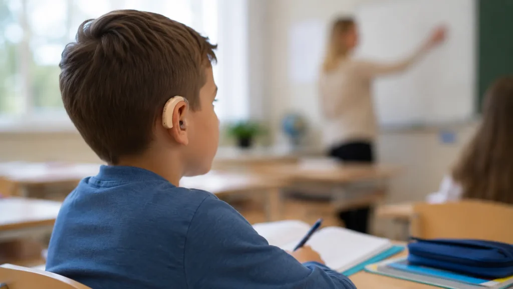 Hallókészüléket viselő kisfiú figyel az iskolai tanórán. A kép a hallássérült gyermekek iskolai részvételét, a tanulást segítő eszközök használatát és az oktatási könnyítések témáját szemlélteti.