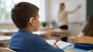 Hallókészüléket viselő kisfiú figyel az iskolai tanórán. A kép a hallássérült gyermekek iskolai részvételét, a tanulást segítő eszközök használatát és az oktatási könnyítések témáját szemlélteti.