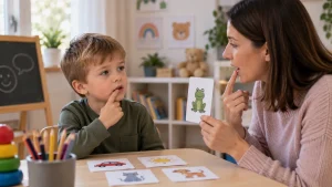 Logopédus képkártyák segítségével gyakorolja egy kisfiúval a hangok helyes képzését és kiejtését logopédiai foglalkozáson.