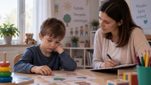 Szakember egy kisfiú fejlődését figyeli játékos feladatok közben, az enyhe értelmi fogyatékosság nyomon követéséhez kapcsolódó vizsgálaton.
