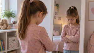 Szomorú kislány áll összefont karral a tükör előtt, miközben elégedetlenül nézi magát.