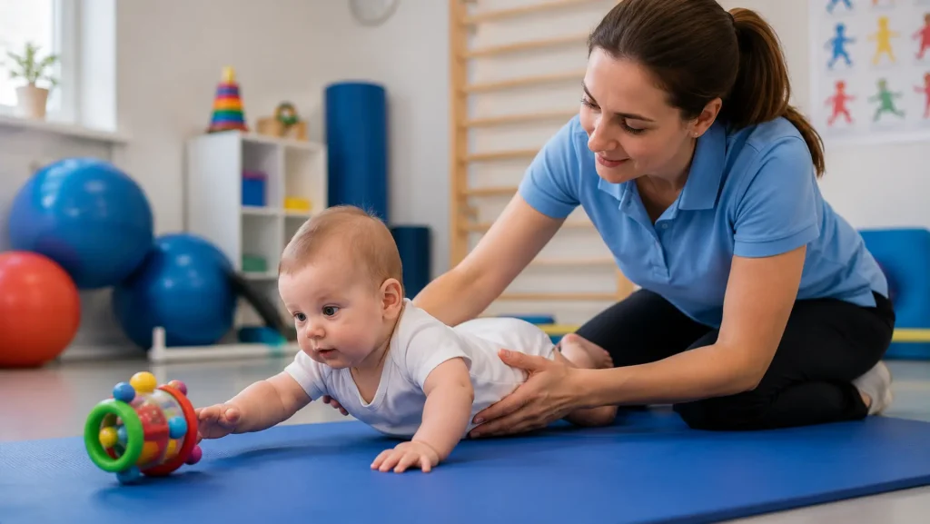 Korai fejlesztő vagy gyógytornász szakember segíti egy csecsemő mozgásfejlődését. A baba hason fekve nyújtózik egy színes játék felé, miközben célzott mozgásos gyakorláson vesz részt biztonságos fejlesztő környezetben.