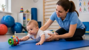 Korai fejlesztő vagy gyógytornász szakember segíti egy csecsemő mozgásfejlődését. A baba hason fekve nyújtózik egy színes játék felé, miközben célzott mozgásos gyakorláson vesz részt biztonságos fejlesztő környezetben.