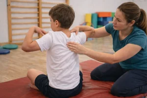 Gyógytestnevelő pedagógus lapockamozgást segítő gyakorlatot végez egy gyermekkel tornaszőnyegen, a vállöv és a törzs izmainak erősítése érdekében.