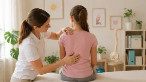 Gyógytornász vagy fizioterapeuta vizsgálja egy kislány testtartását és gerincét egy világos rendelőben, gyermekbarát környezetben.