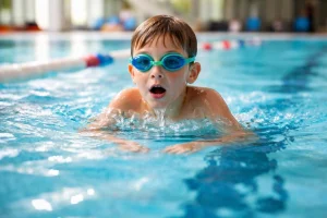 Gyermek mellúszás közben egy világos, barátságos uszodában, levegővétel pillanatában.