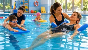 Gyógyúszás és vízi terápia foglalkozás egy fedett medencében. A képen szakemberek segítik egy gyermek úszásfejlesztését és egy felnőtt rehabilitációs vízi tornáját, miközben a víz felhajtóereje támogatja a mozgásfejlesztést, az izomerősítést és a relaxációt.