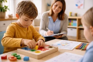 Hét éves kisfiú intelligenciateszten vesz részt a pedagógiai szakszolgálatnál, miközben a pszichológus jegyzetel – komplex szakértői vizsgálat tanulási nehézség gyanúja esetén.