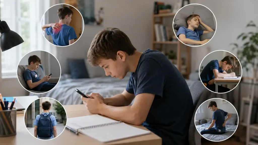 Kamasz fiú mobiltelefont használ az íróasztalánál, miközben a kép körül különböző tüneteket bemutató jelenetek láthatók: nyak- és hátfájdalom, fáradtság, tanulási nehézségek, mozgásszegény életmód és fokozott képernyőhasználat. Az illusztráció a túlzott okoseszköz-használat lehetséges következményeit szemlélteti.