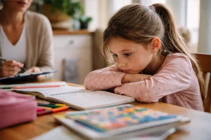 Első osztályos kislány szomorúan ül a házi feladata felett, miközben a háttérben pszichológus figyeli – iskolai stressz és tanulási nehézség gyanúja.