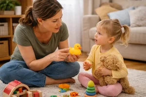 Édesanya és kétéves kislánya közös játék közben a nappaliban: az anya tárgyakat nevez meg és beszélget gyermekével, támogatva a korai beszédfejlődést természetes, otthoni környezetben.