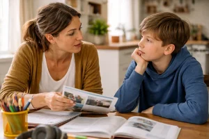 Édesanya és hetedikes fiú a 6 évfolyamos gimnáziumba való felvételi előtt beszélgetnek az iskolaváltásról és a továbbtanulási döntésről otthoni környezetben.