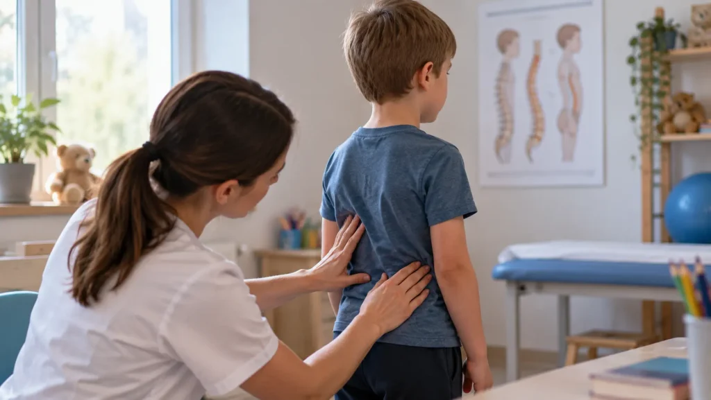 Gyógytornász egy kisfiú hátát és testtartását vizsgálja a gerinc ágyéki szakaszán, a lordózis felismeréséhez kapcsolódó vizsgálat során.