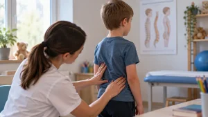 Gyógytornász egy kisfiú hátát és testtartását vizsgálja a gerinc ágyéki szakaszán, a lordózis felismeréséhez kapcsolódó vizsgálat során.