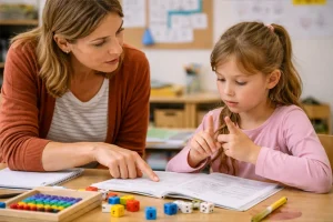 Másodikos kislány matematikai feladatot old meg tanítói segítséggel; ujjain számol, ami a diszkalkulia egyik lehetséges jele lehet az alsó tagozatban.