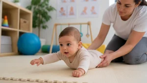 Korai fejlesztésen részt vevő csecsemő hason fekve próbál előre nyúlni, miközben egy szakember segíti a mozgásait. A kép a csecsemőkori reflexek, a mozgásfejlődés támogatása és a korai intervenció témáját szemlélteti.
