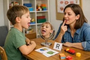 Logopédus és kisfiú beszédhang-gyakorlás közben: a gyermek tükör előtt gyakorolja a hangképzést, miközben a szakember segíti a helyes artikulációt egy barátságos, természetes fényű fejlesztőszobában.