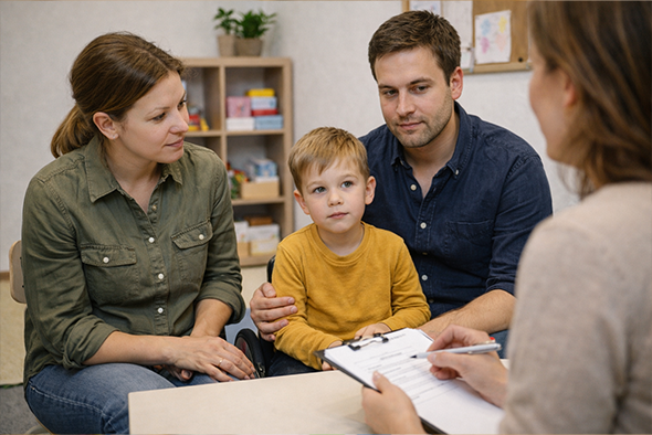 Pszichológus szakember konzultál egy szülőpárral és gyermekükkel a nevelési tanácsadás keretében a Fővárosi Pedagógiai Szakszolgálat barátságos irodájában.