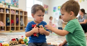 Két kisgyermek konfliktusa az óvodában egy játékszer miatt – illusztráció az önszabályozás és a harapás kezeléséről szóló szakmai cikkhez.