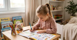 Kislány iskolakezdésre készülve otthoni környezetben.