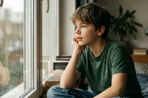 Egy vidám kamasz fiú portréja, aki csíkos pólóban néz a kamerába, szemléltetve az egészséges fejlődés és a tudatos légzés fontosságát ebben az életkorban.