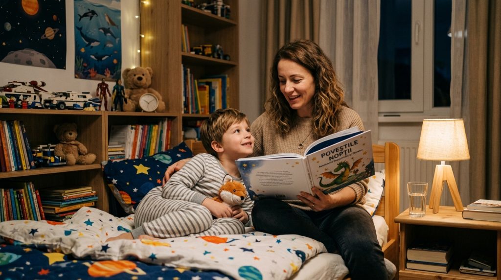 Édesanya esti mesét olvas az ágyban fekvő kisfiának.